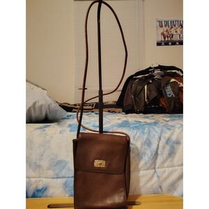 Vintage Trafalgar Brown Leather Crossbody Bag Small Organizer Purse Flap Gold